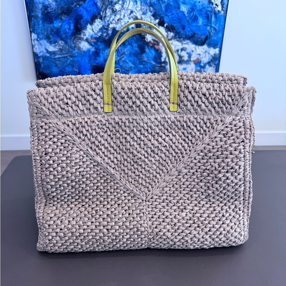 Clare V. Simple Woven Raffia Tote Bag with Yellow Straps and Denim Interior - Picture 3 of 10